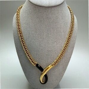 Monet Vintage Gold Tone Chain Black Enameled V Pendant Necklace 20" Cuban Link
